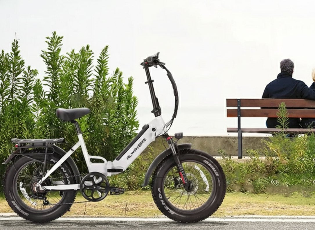 White Cemoto folding electric bike with fat tires parked on a paved path near a lake, with a couple sitting on a bench in the background