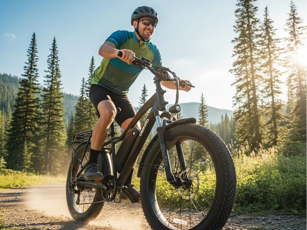 Smiling man riding a black Cemoto electric fat tire mountain bike on a sunny forest trail