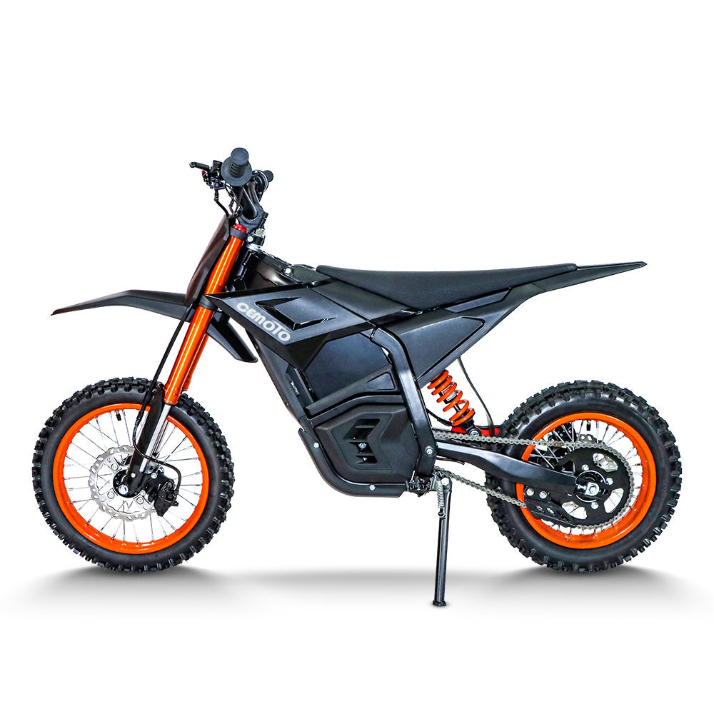Side profile of a black and orange Cemoto electric dirt bike parked on a white background