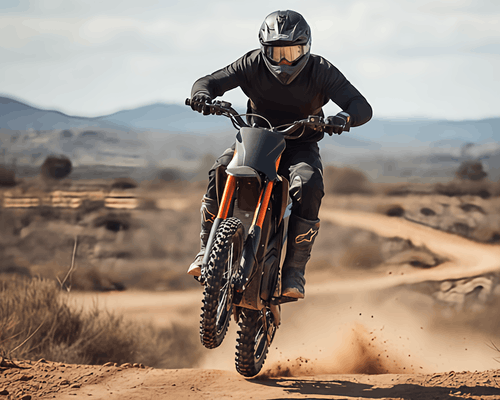 Off-road electric dirt bike rider with orange accents kicking up dust on desert terrain during daytime adventure ride