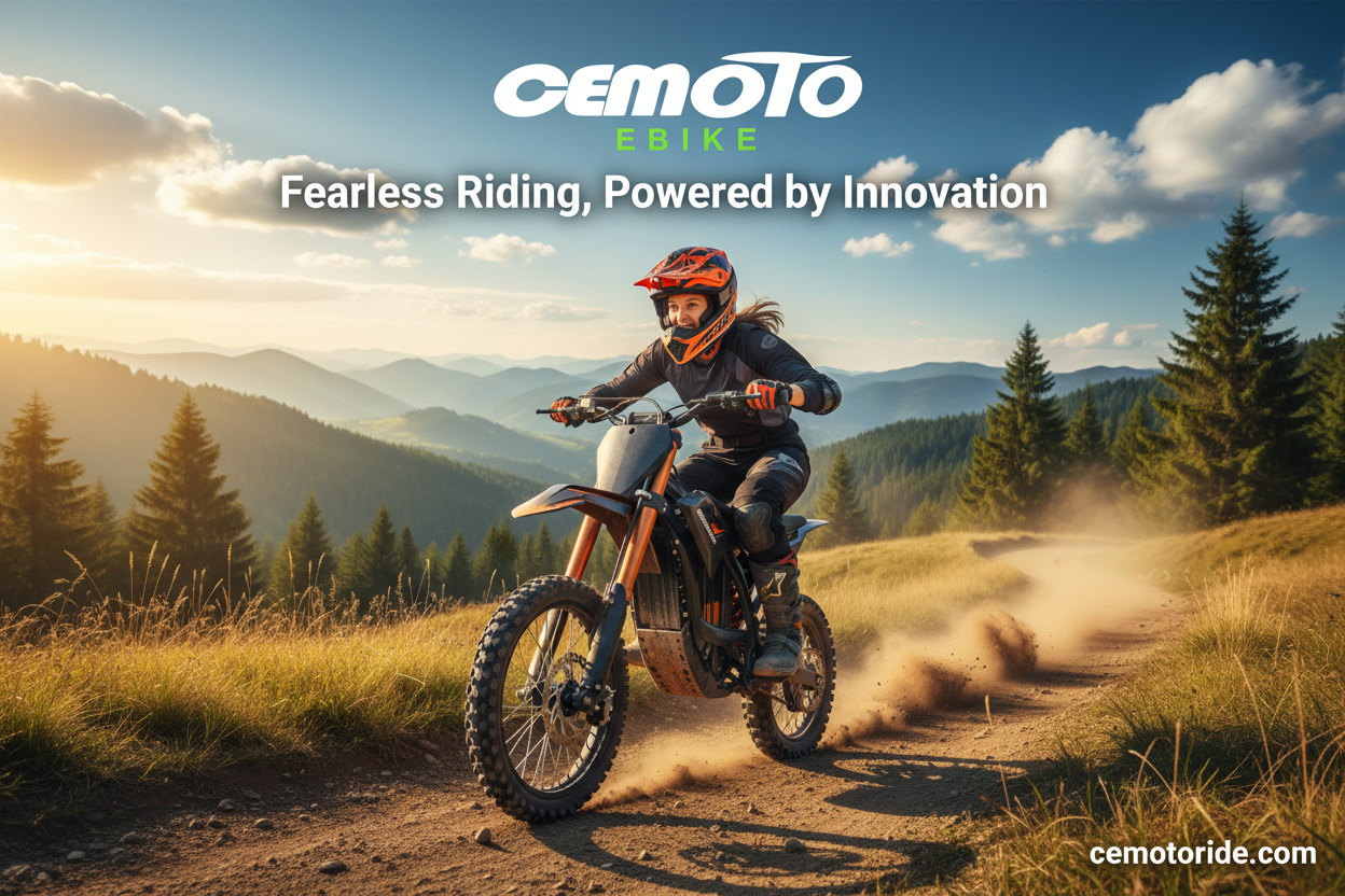 CEMOTO electric dirt bike rider on mountain trail with tagline Fearless Riding Powered by Innovation showcasing adventure capability