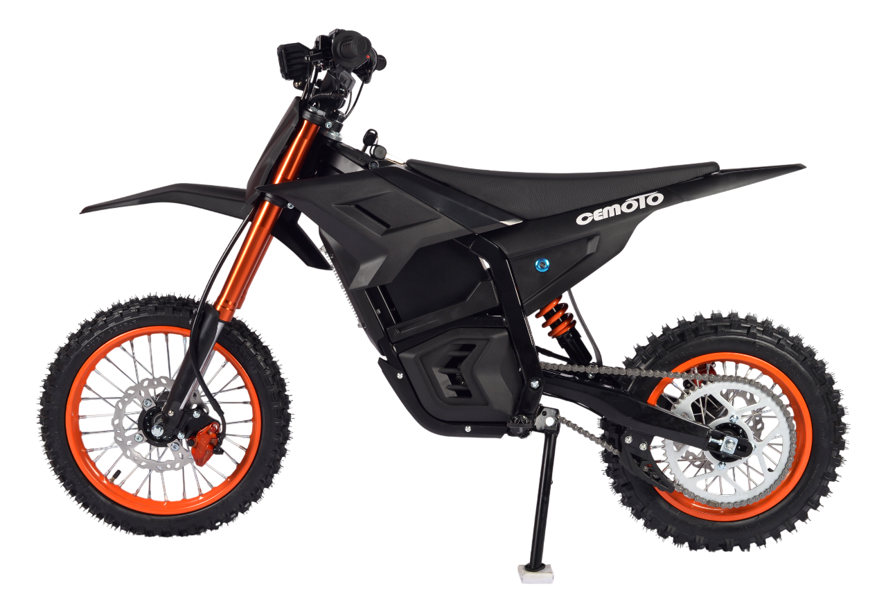 Black D-Series electric dirt bike, 3000W-6000W, orange rims, off-road suspension.