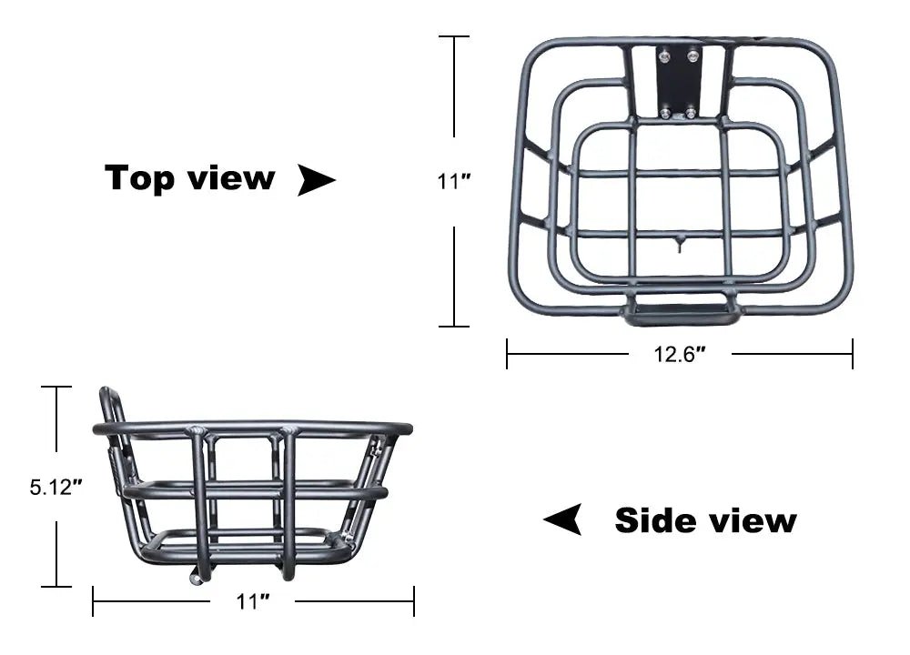 CEMOTO B69 cargo bike rack: heavy duty, 150kg capacity, dark metal, top & side view with dimensions (12.6" L x 11" W x 5.12" H).