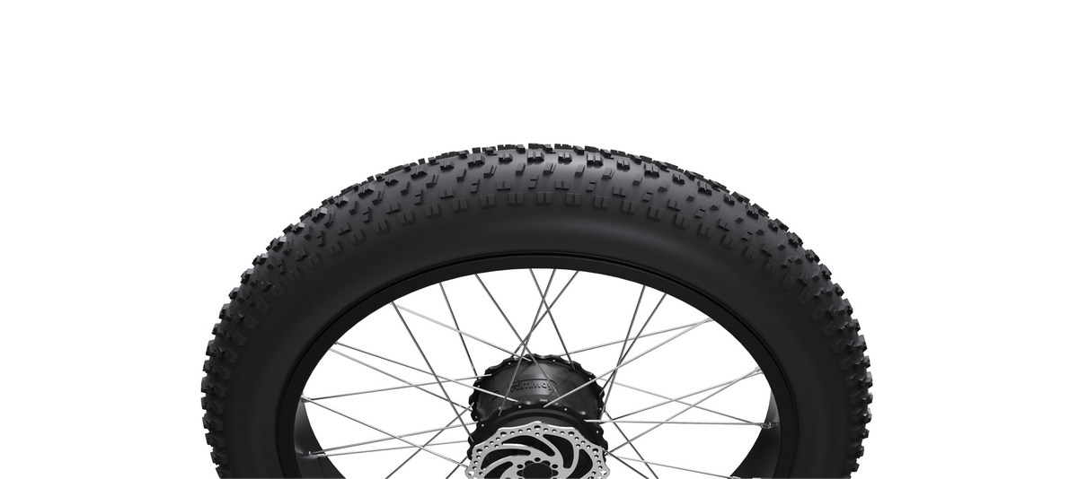 Fat tire wheel with hub motor for moto-style electric bike, 20x4 inch knobby off-road tire with black spoked rim