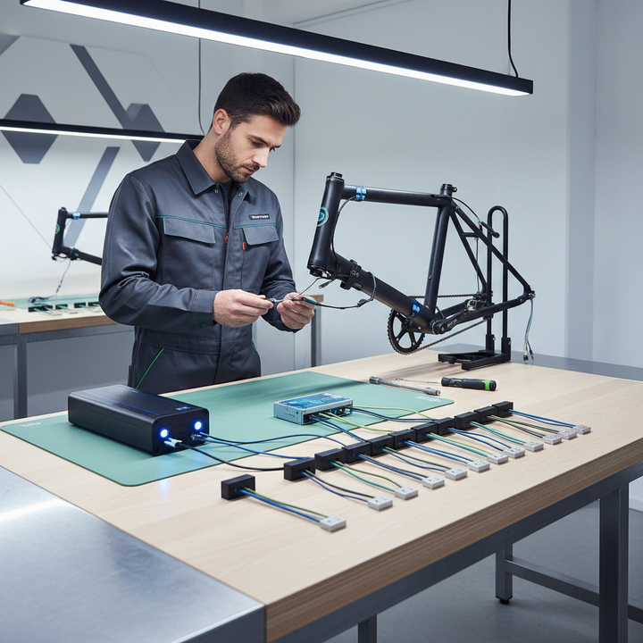 A technician servicing modular e-bike components in a clean modern workshop.