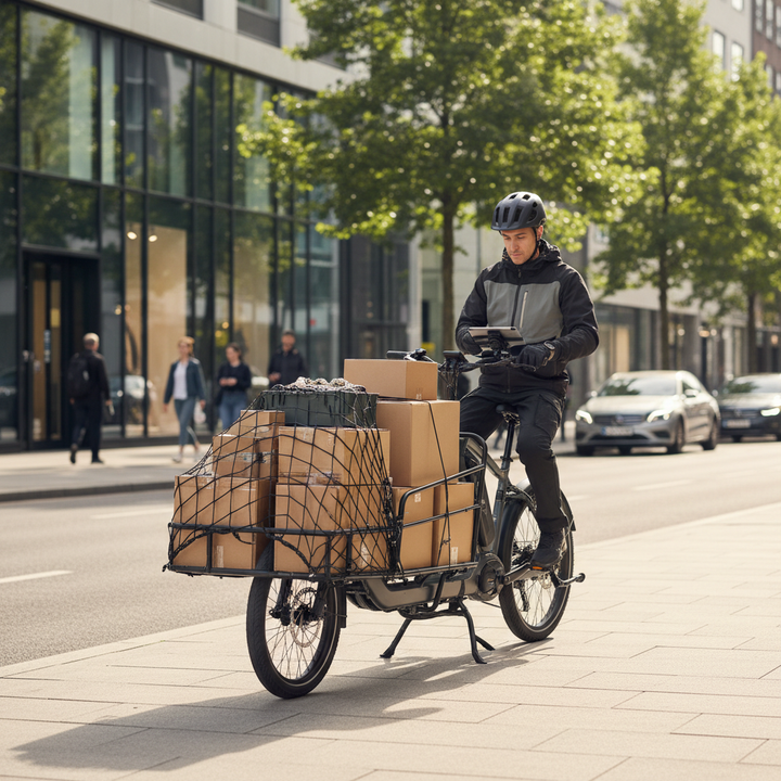 A heavy-duty electric cargo bike loaded with delivery boxes in an urban street setting.