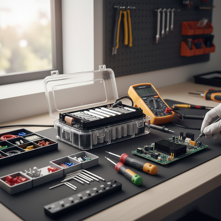 A professional workbench scene showing a modular e-bike battery pack, controller board, and repair tools arranged for a maintenance guide.