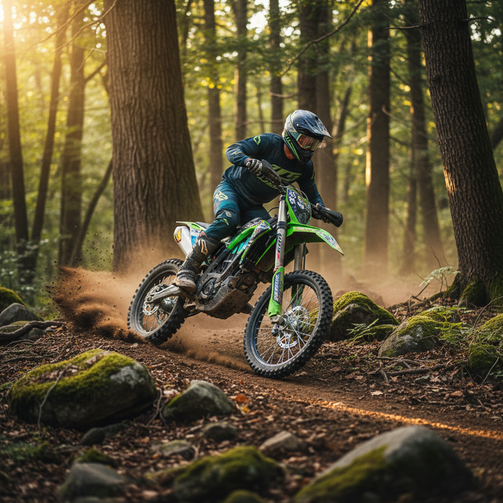 Rider testing a high-power 6000W electric dirt bike on a technical off-road trail with visible suspension compression and knobby tires kicking up dirt