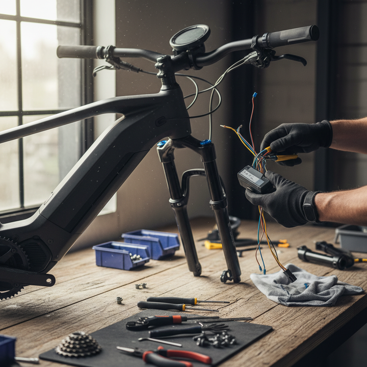 A practical DIY repair scene showing a person replacing an e-bike controller or display on a workbench with tools, wires, and bike parts, in a realistic modern 2026 setting.
