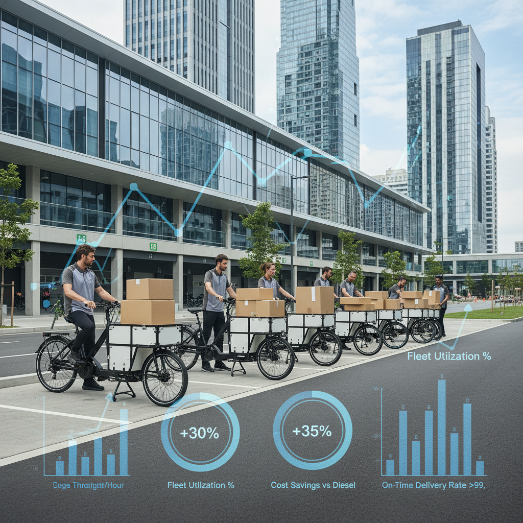 A commercial delivery fleet of heavy-duty cargo e-bikes in an urban street with ROI charts overlaid.