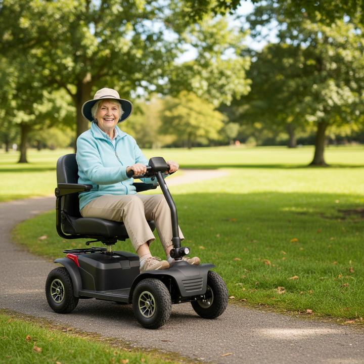 A senior riding an all-terrain mobility scooter on a park path with grass and gravel, showing a safe adventurous outdoor scene.