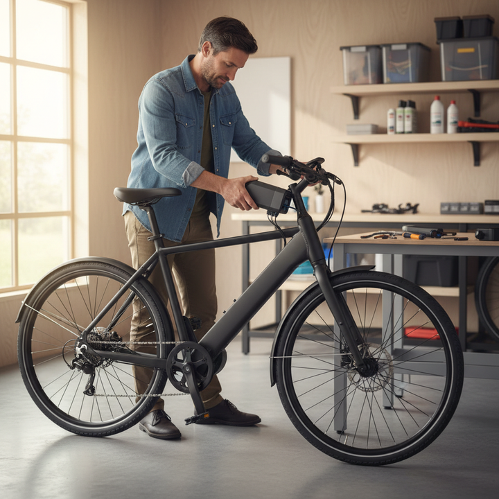 A homeowner in a garage replacing a modular e-bike battery and standard parts on a modern electric bicycle.