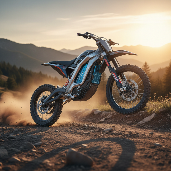 A high-performance electric dirt bike riding on a trail with subtle emphasis on the battery pack and controller area.