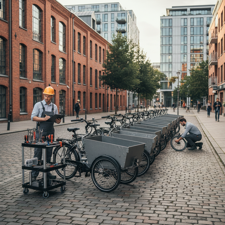 A fleet of cargo e-bikes parked on a city street during urban deliveries, with maintenance tools and a professional service setting suggesting fleet upkeep.