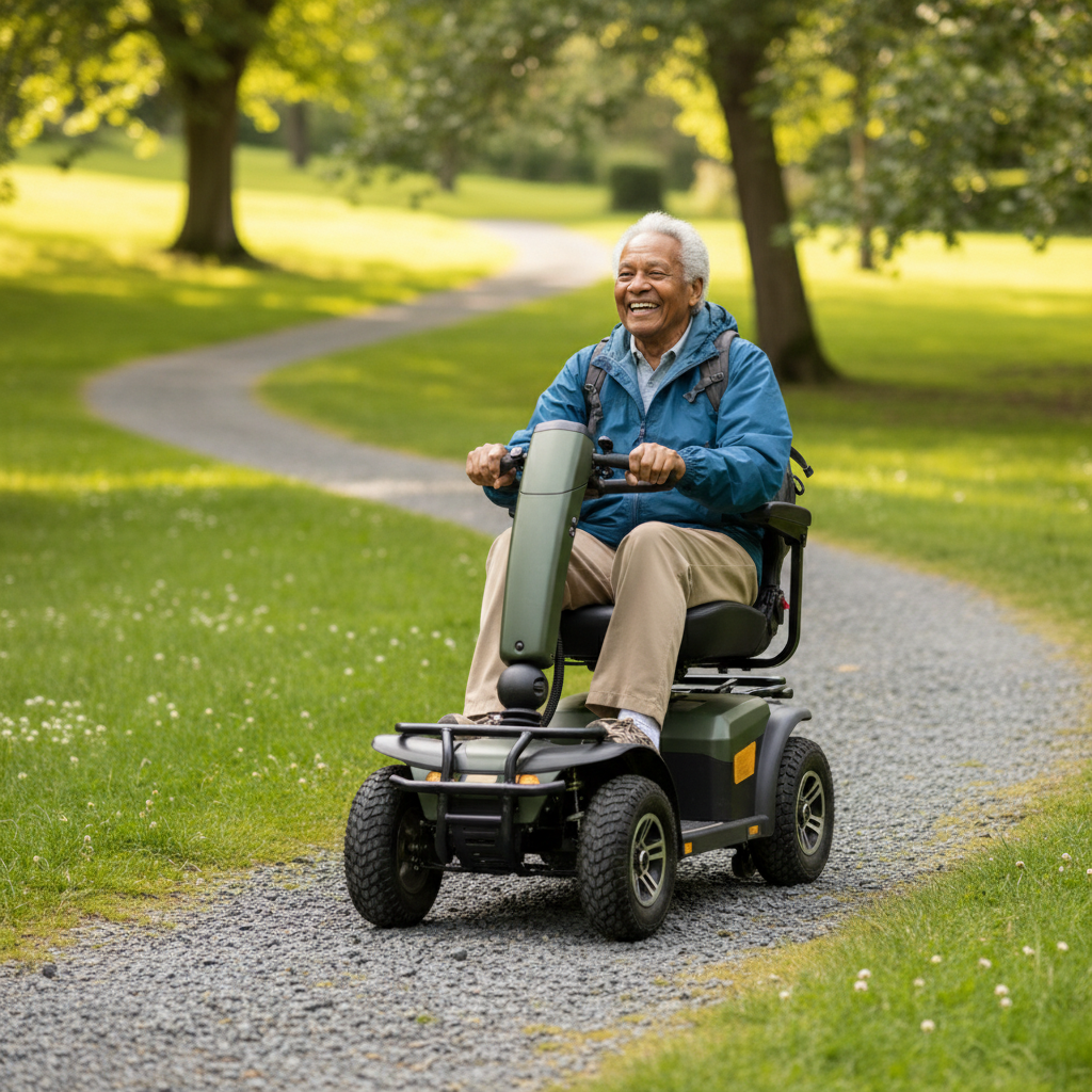 A senior riding a rugged four-wheel mobility scooter on a grassy park path with gravel and a gentle hill in the background.