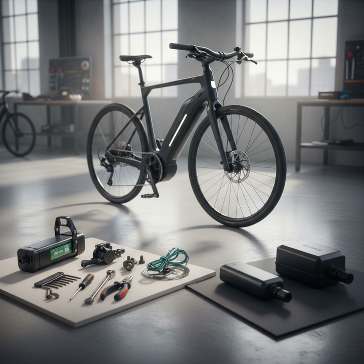 A professional scene showing an e-bike with repair tools and modular components arranged beside it, illustrating the concept of repairability and proprietary versus standard parts.