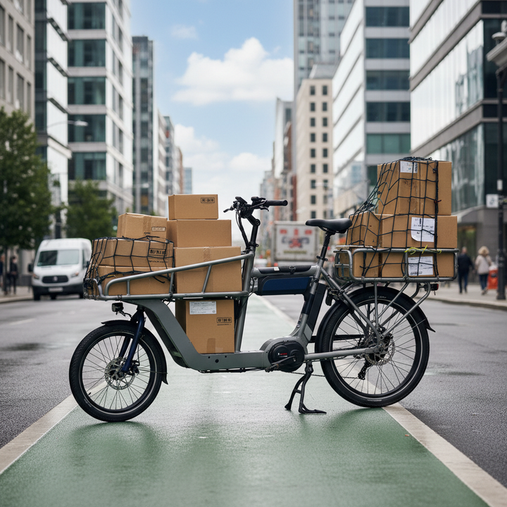A heavy-duty delivery cargo e-bike loaded with parcels in an urban street setting.