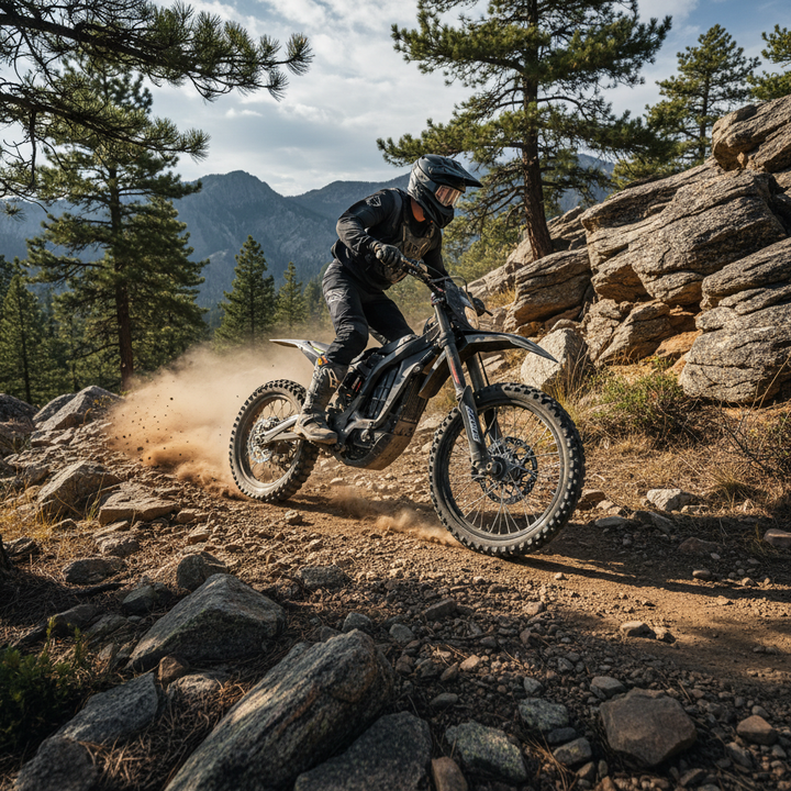 An electric dirt bike climbing a steep rocky trail with a rider in full gear, suspension compressed.