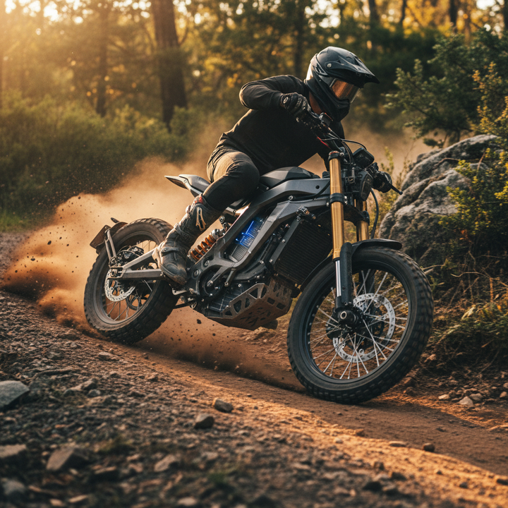 An upgraded electric dirt bike riding fast on a rugged trail, highlighting performance-focused modifications.