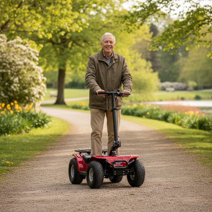 A senior riding a sturdy all-terrain mobility scooter on a gravel trail in a safe outdoor park setting.