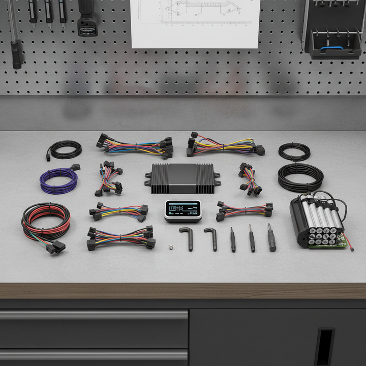 E-bike replacement parts laid out with a controller, display, wiring, and repair tools on a clean work surface.