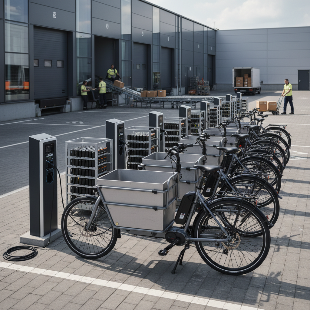A fleet of heavy-duty electric cargo bikes parked at an urban delivery depot with visible battery charging stations.