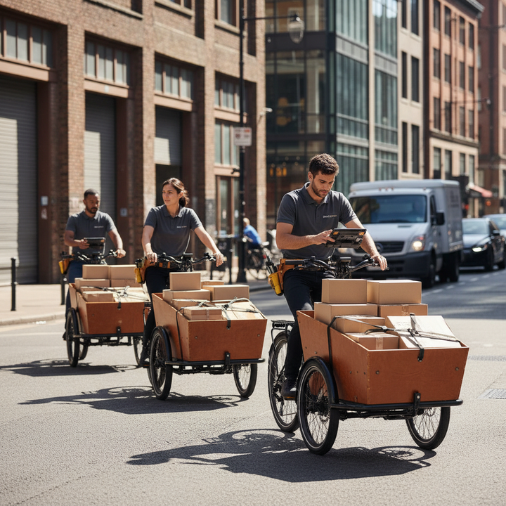 A professional fleet of heavy-duty commercial e-cargo bikes loaded with parcels in an urban delivery setting.