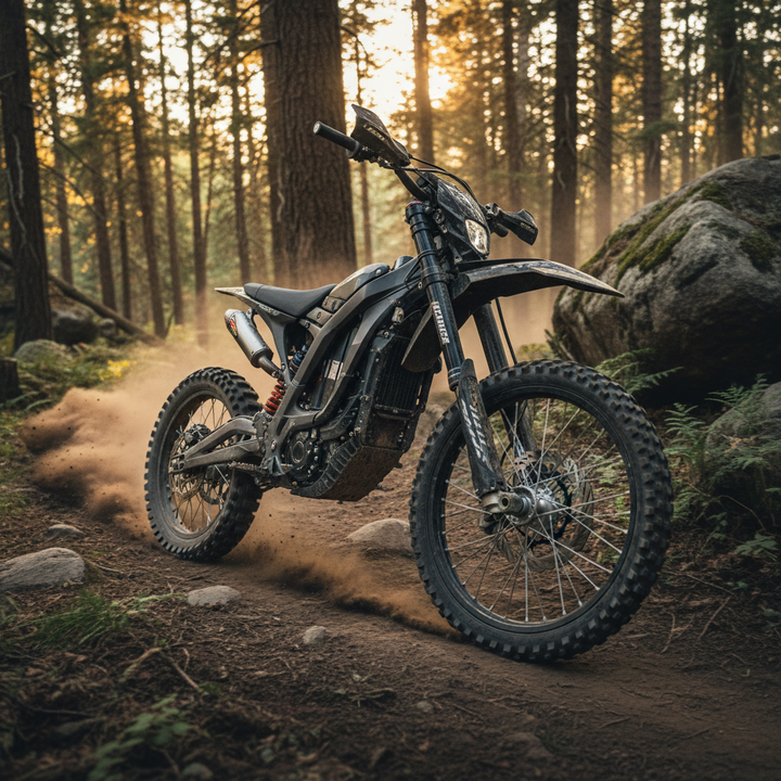 High-power 3000W-6000W electric dirt bike with performance upgrades riding fast on an off-road trail
