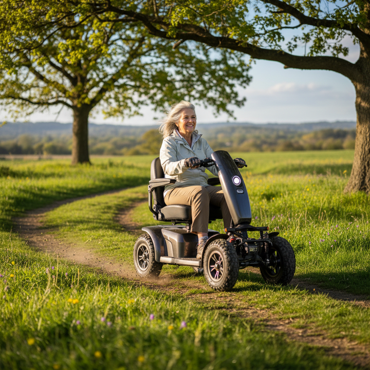 A senior rider on a modern all-terrain mobility scooter traveling along a grassy park trail.