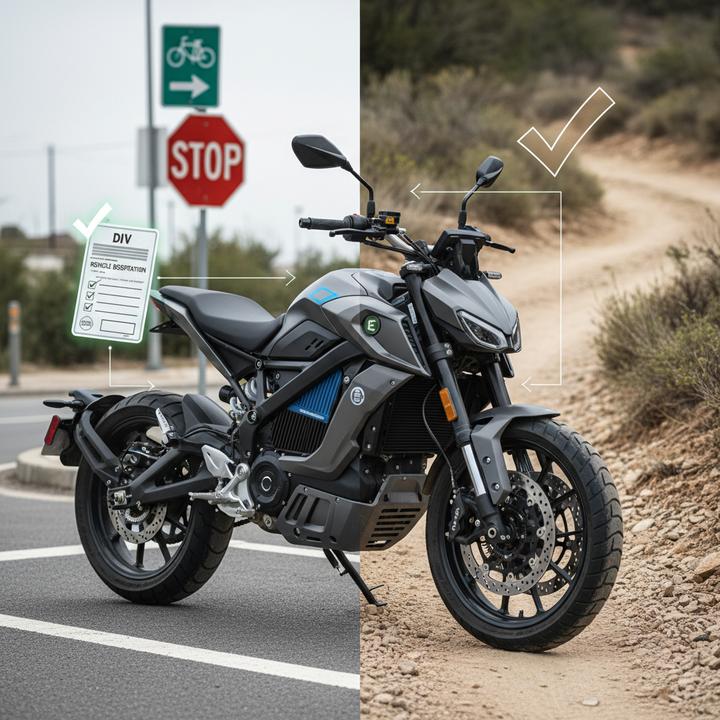 A high-power electric moto shown with legal compliance symbols, road signs, and paperwork, contrasting street and off-road use.