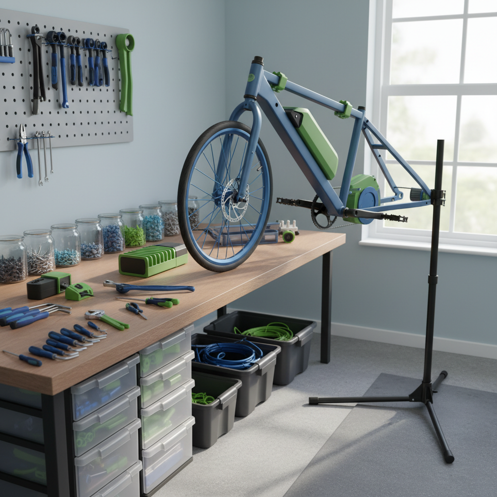 A modular electric bike in a clean home workshop with spare parts, hand tools, and removable components laid out for safe DIY maintenance.
