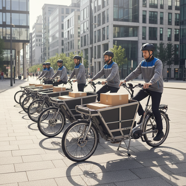 A fleet of commercial e-cargo bikes in a modern urban delivery setting.