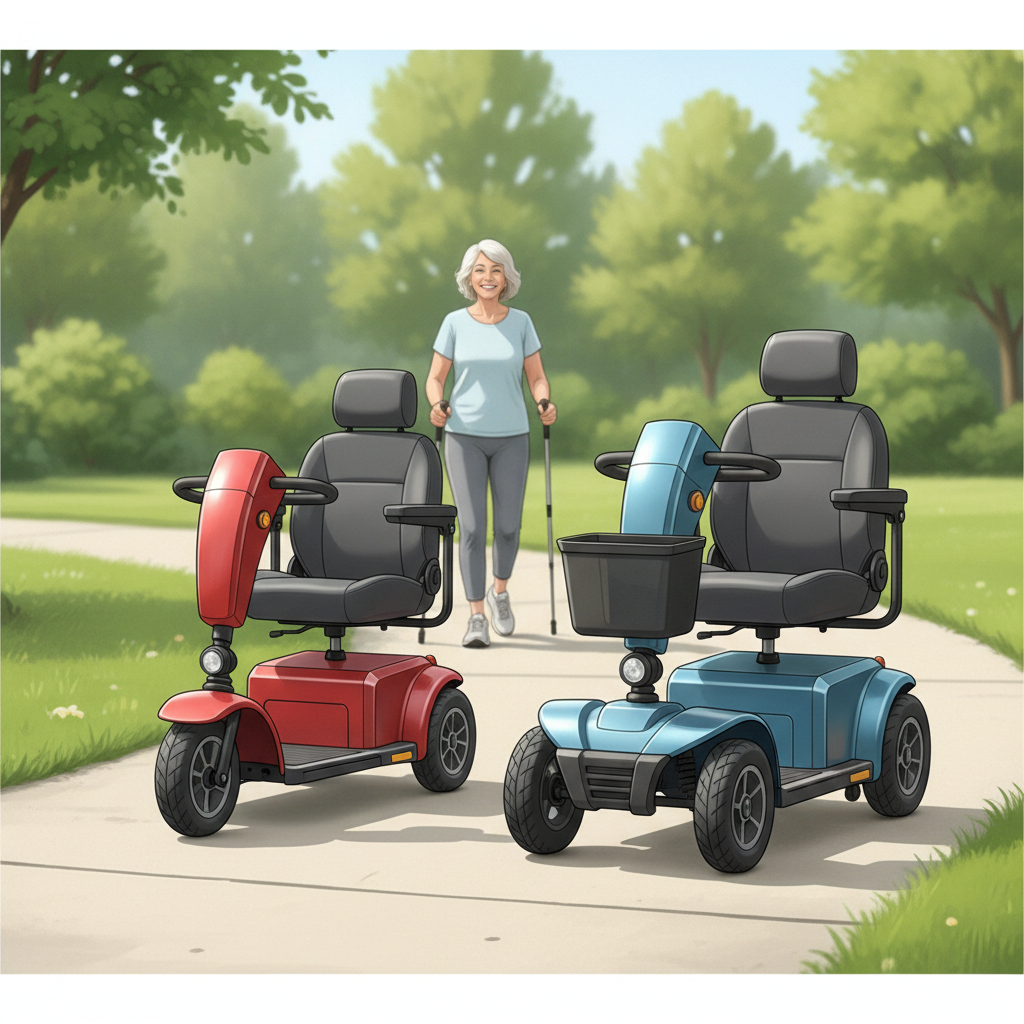 Side-by-side comparison of a three-wheel mobility scooter and a four-wheel mobility scooter in a senior-friendly outdoor setting.