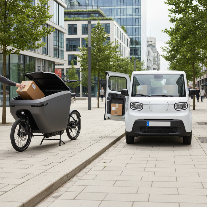 A modern electric cargo bike with a lockable box beside a small delivery van in an urban last-mile delivery setting.