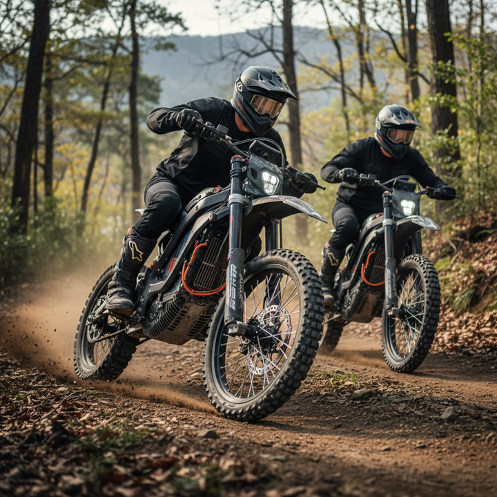 Side-by-side view of 72V and 60V electric dirt bikes on a forest trail