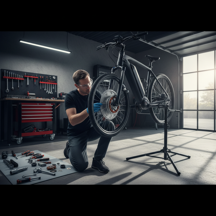 A DIY mechanic working on an e-bike hub motor in a garage surrounded by tools.