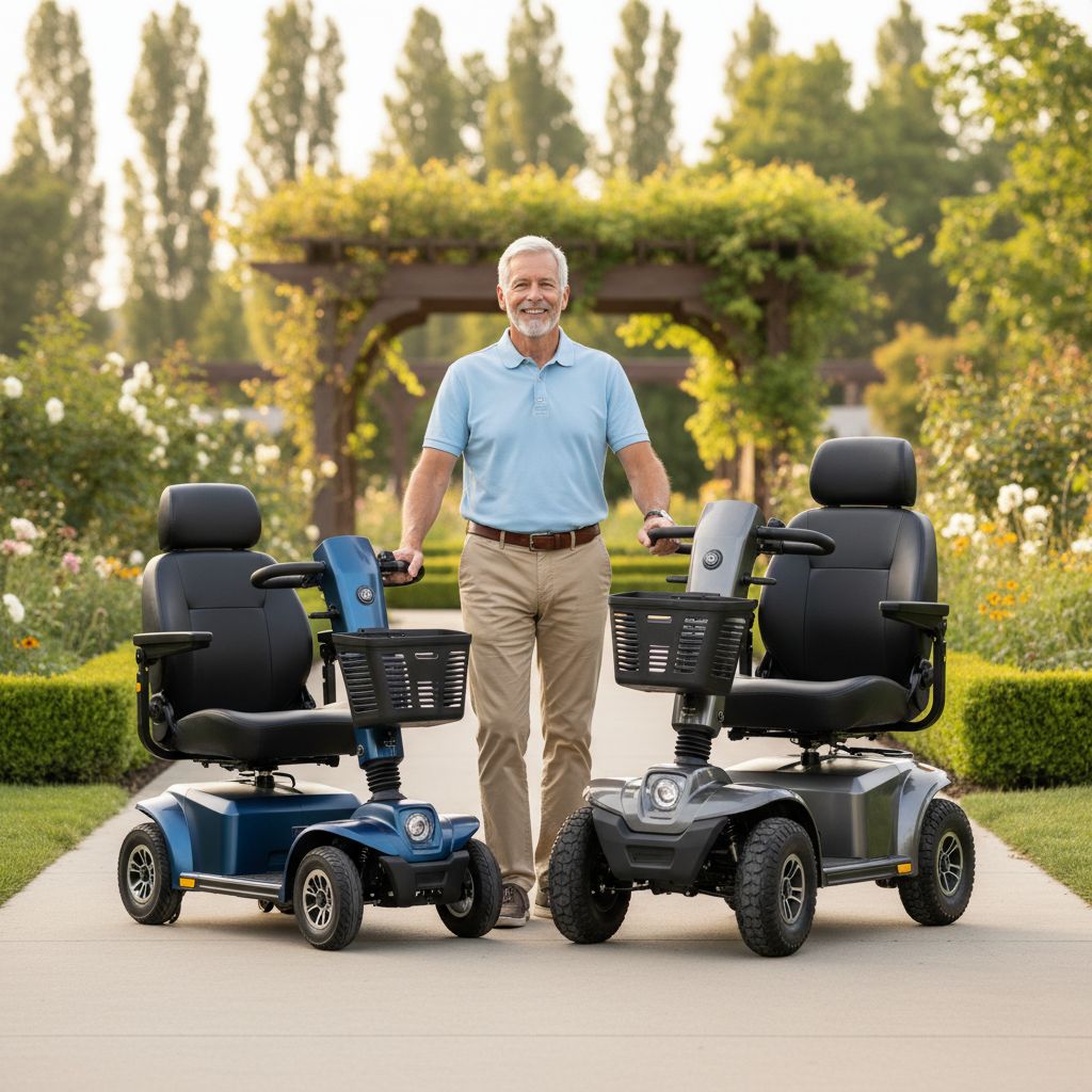 Two modern mobility scooters, one portable and one heavy-duty, parked side by side outdoors with an active senior nearby.