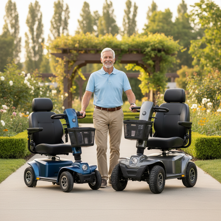 Two modern mobility scooters, one portable and one heavy-duty, parked side by side outdoors with an active senior nearby.