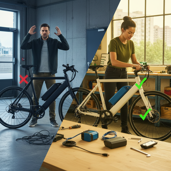 A dramatic side-by-side scene comparing a locked proprietary e-bike with a repaired modular e-bike, showing the contrast between restriction and easy maintenance.