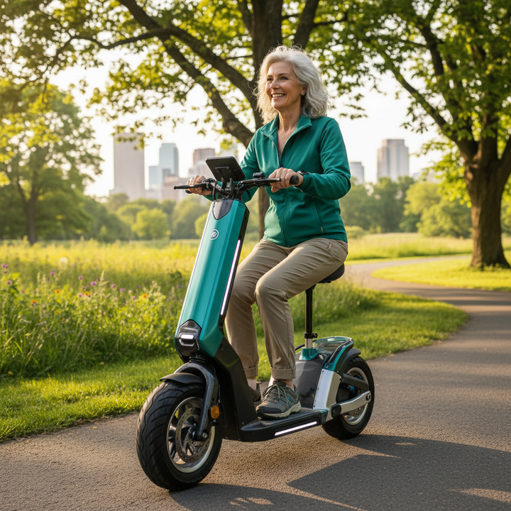 An active senior riding a sleek, modern mobility scooter in a park, with a stylish outdoor-vehicle look.