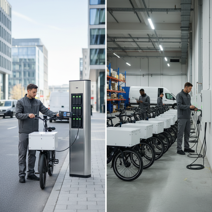 Urban cargo e-bike fleet with a battery swap station on one side and a depot charging setup on the other, illustrating two fleet energy strategies.