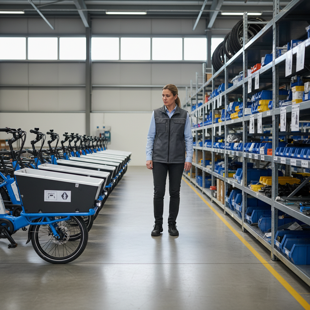 A fleet manager inspecting e-cargo bikes and organized spare parts in a warehouse.