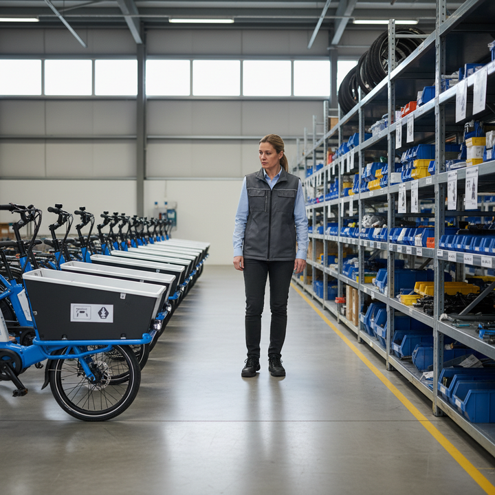 A fleet manager inspecting e-cargo bikes and organized spare parts in a warehouse.