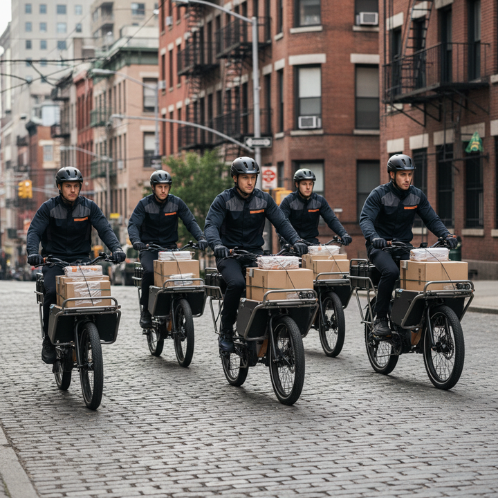 A professional delivery fleet riding heavy-duty cargo e-bikes through a hilly urban street with large parcels secured in front cargo boxes.