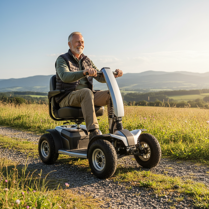 An active senior confidently riding a rugged all-terrain mobility scooter outdoors on grass and gravel.