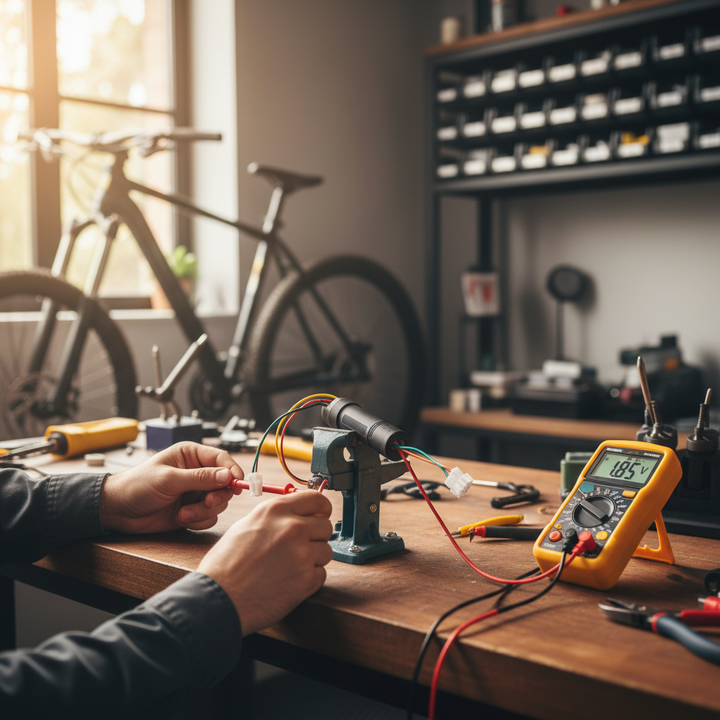 A person testing an e-bike throttle with a multimeter on a workbench, showing the twist grip and exposed wires.