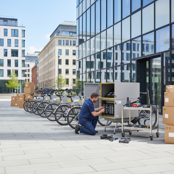A professional fleet of cargo e-bikes in an urban delivery setting with a technician performing a modular repair, emphasizing fast serviceability.