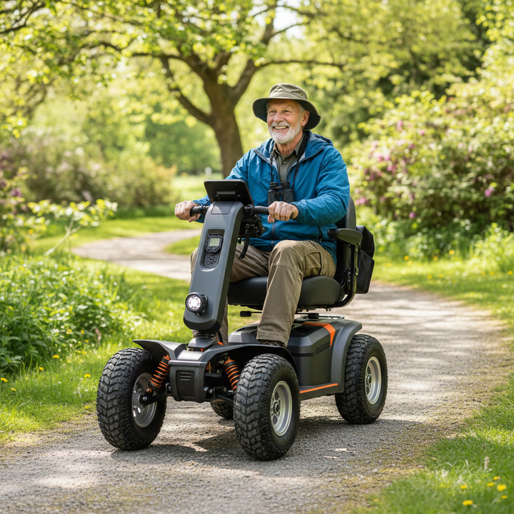 An active senior riding a rugged all-terrain mobility scooter on a gravel park trail with trees and grass in the background.