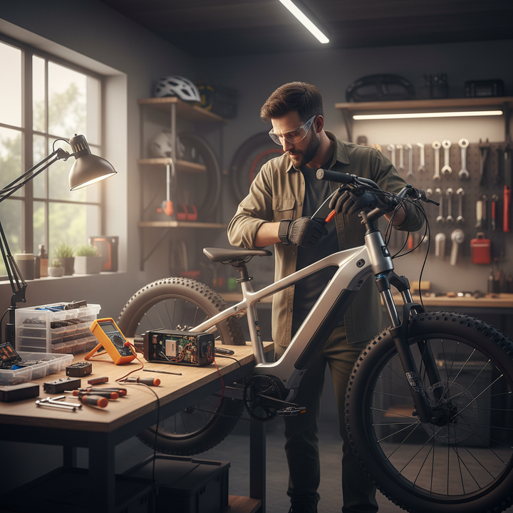 A DIY e-bike owner repairing a modular battery or controller in a clean home garage, with tools and bike parts laid out on a workbench.