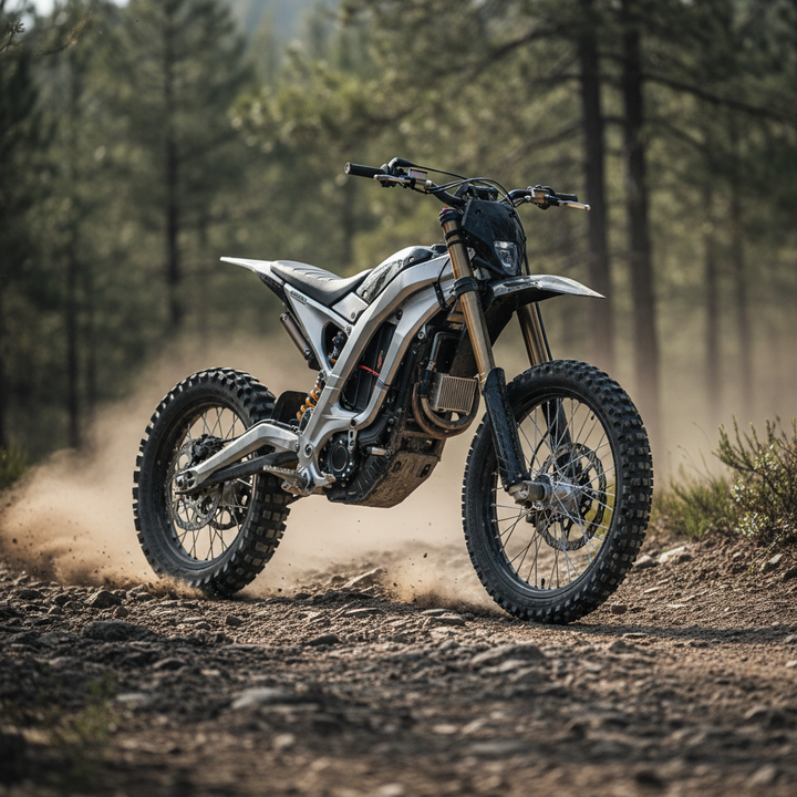 A high-power electric dirt bike with upgraded components on a rugged technical trail, shown in a realistic off-road setting.